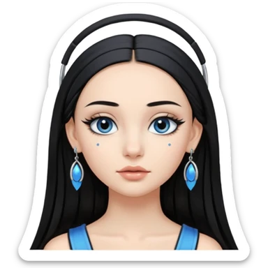 Girl with Black long straight hair with headband black one that puts hair pushed back winged eyeliner both upoer and lower line blue eyeshadow silver hoops  sticker