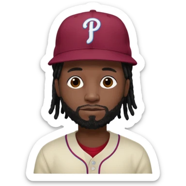 Black man with short black dreads and burgundy fitted Phillies hat and no hair on shoulders sticker