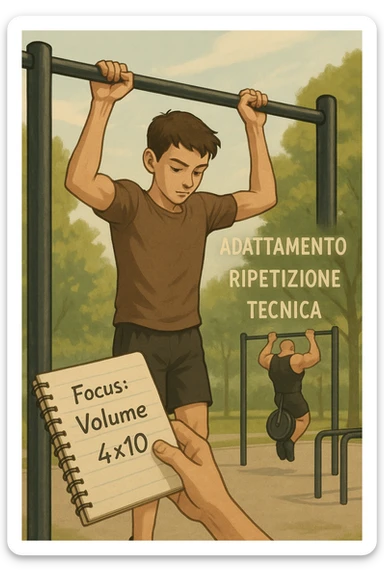 Giovane atleta principiante, fisico asciutto ma non muscoloso, si allena in uno street park con sbarra e parallele. Sta eseguendo serie lunghe di trazioni a corpo libero, concentrato sulla tecnica e sul controllo. Vicino a lui si vede un block notes con scritto a penna 'Focus: Volume, 4x10', mentre in lontananza un altro atleta molto più grosso fa una singola ripetizione con zavorra pesante. Il neofita guarda il suo diario, non gli altri. L’ambiente è sereno, luce naturale, atmosfera di crescita e disciplina. Sullo sfondo si intravedono i concetti scritti in aria con stile metaforico: 'Adattamento', 'Ripetizione', 'Tecnica', fluttuanti accanto a lui sticker