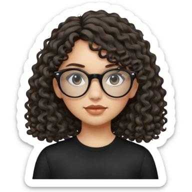 create a frontend girl that has a round face long curly hair with a side curtain bangs and wears black square rayban glasses doesnt smile with her teeth and white sticker