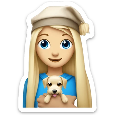 Blonde girl with long straight hair and blue eyes hugs a beige maltipu with a new year cap sticker
