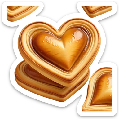 Cinematic crisp palmier, golden-brown heart-shaped pastries, perfectly caramelized layers, delicate and flaky, warm glowing background, inviting and delicious. sticker