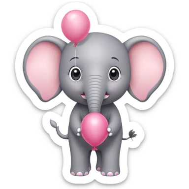 Create a Pixar style Little pink and gray elephant with big cute eyes with a balloon  sticker