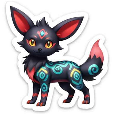 Shiny Exotic Badass Colorful Ethereal Royal Mysterious Gothic Umbreon-Zorua-Litten-Noibat-Pokémon-Fakémon-hybrid-creature (full body) with colorful pattern-markings sticker