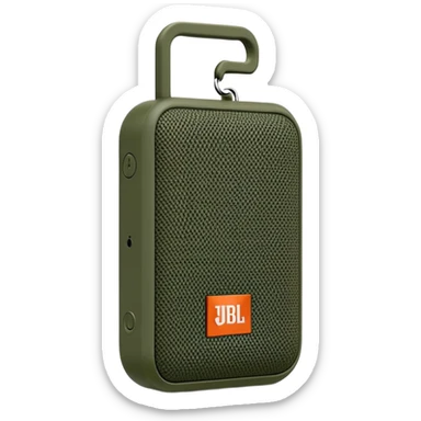 Simple JBL Go Clip 4 portable speaker, military green color, minimal design, iOS emoji style sticker