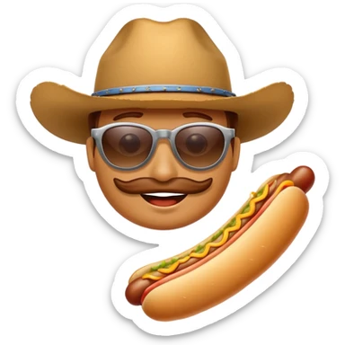 A hotdog with sunglasses and a cowboy hat sticker