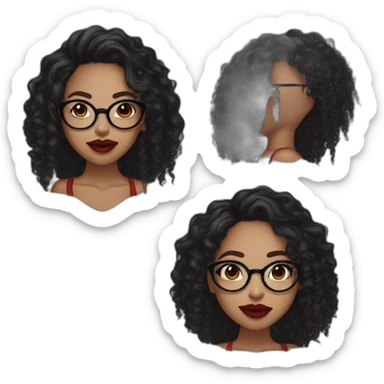 Black woman with round glasses, dark brown eyes red lipstick, a nose ring and septum ring, long curly black hair sticker
