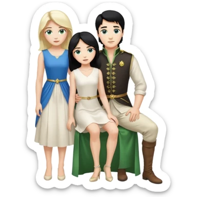 prince, standing upright, black Hair, blue eyes, garment,  woman, bending knee, white sleveless dress, blonde hair, green eyes, sticker