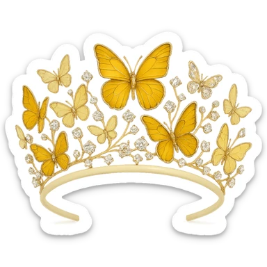 butterfly crown with a soft yellow base, butterflies in light and dark yellow enamel, sparkling gems sticker