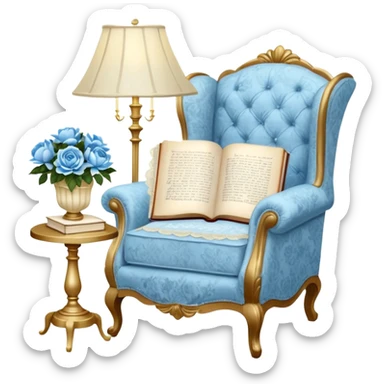 A cozy vintage-inspired reading nook, with an overstuffed ivory armchair, a golden reading lamp, and a bouquet of soft blue roses, white peonies, and dahlias resting on a small lace-covered side table, as a pearl butterfly gently rests on the open book.  sticker