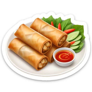 Spring Rolls Cinematic Realistic Spring Rolls Dish Emoji, depicted as 2 perfectly crisp spring rolls served with dipping sauce, rendered with lifelike textures and dynamic, appetizing lighting. sticker