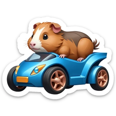 dark crystal blue and rosegold-accented cyber truck style-faceted-body electric racing car driven by a small cute but relaxed Guinea pig with rear spoiler, roll bar, and wheely bar sticker