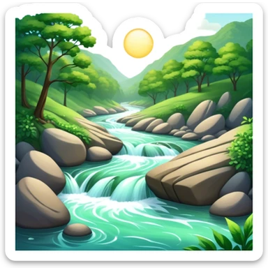 Cinematic Realistic River Emoji, Serene and flowing, with sparkling water meandering through lush greenery, surrounded by trees and rocks. The sun dances across the rippling surface, creating glimmering reflections while birds fly overhead. Soft glowing outline, capturing the essence of peacefulness and tranquility in a meandering river. sticker