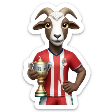 Draw a goat wearing the jersey of Chivas (a Mexican soccer team), holding a trophy in one hand. sticker