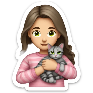 Brunette girl with long hair and green eyes in a pink sweater hugs a gray striped cat sticker