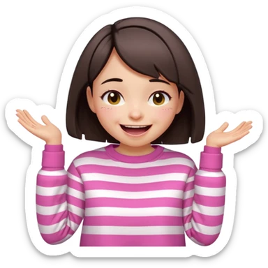 Emoji of a cute 3D girl with short dark brown bob hairstyle, wearing a pink and white striped sweatshirt. She is laughing uncontrollably, tears of joy, white background sticker