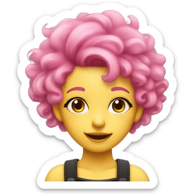 pink haired pink skin (and by pink i do mean PINK pink) girl with black eyes, yellow irisis, beige horns, smile, fluffy hair sticker