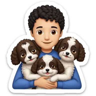 Young man with little brown skin, black curly hair, cheerful dark brown eyes, hugging two shitzu dog sticker