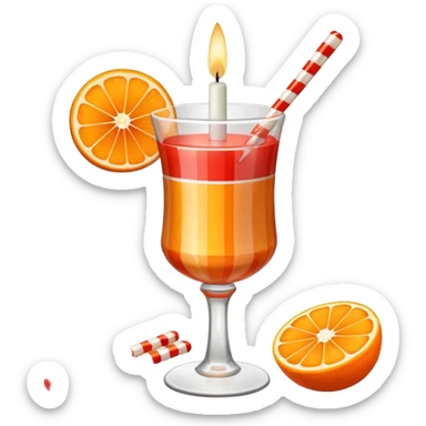 An orange with a horizontal red stripe around the middle. 4 vertical cocktail sticks in the orange with small pieces of candy on the sticks. On top of the orange a small white lit candle. sticker