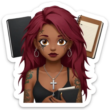 generate an ios genmoji of a dusky girl with long dark red messy hair with eyeliner on her eyes. septum piercing, wearing a cami black top, has tattoos, on shoulders. ear piercings. wearing a cross silver necklace. carrying a lot of sketchbooks


no tattoos on face sticker