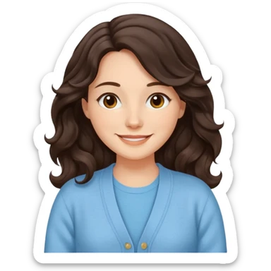 Juli – Cewe Perasa Kulit putih lembut, rambut coklat gelap panjang bergelombang natural, terurai. Pakai cardigan biru muda terang Duduk ekspresi senyum sticker