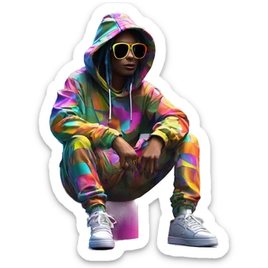 Multicoloured neon person smoking wearing patchwork patterned hippie groovy retro hoodie dancing hip hop bucket hat tropical Skater fashion aesthetic baggy clothes graphic t shirt 420 sticker