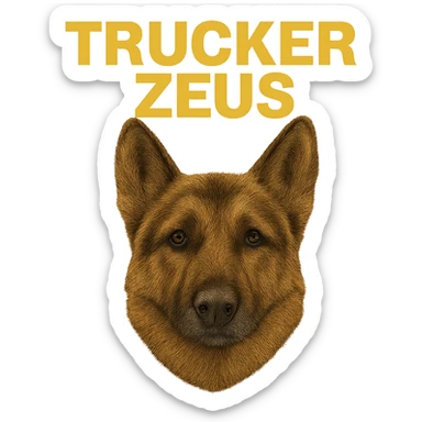 Make the image background transparent while keeping the realistic German Shepherd and the yellow 'Trucker Zeus' text intact. Ensure the file size is under 1MB. sticker