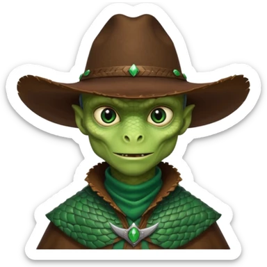 Portrait of a reptilian alien cowboy with textured scales, slit pupils, sharp jawline, dark brown cowboy hat, leather poncho, intense gaze, warm desert lighting, hyper realistic, shallow depth of field, cinematic western atmosphere
 sticker