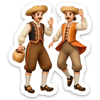 Cinematic Realistic scene of two performers executing the Klompendans, dressed in traditional Dutch costumes complete with wooden clogs and detailed folk patterns, captured in lively motion with soft, natural lighting sticker