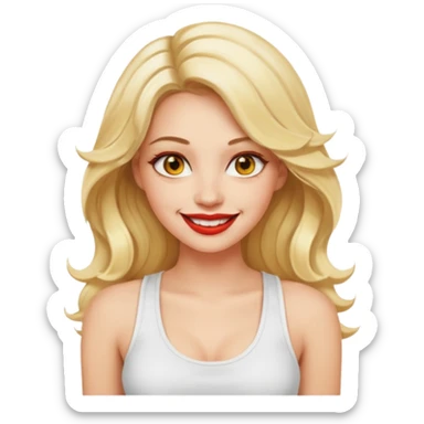 a woman with white tank top and smile, her hair is long wavy blonde hair, her face is baddie girl style, her eyes color are yellow and the color of her lip is soft red sticker