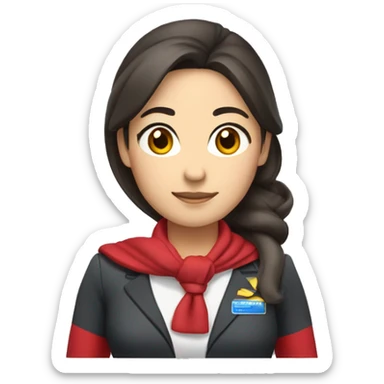 Asian Flight attendant, no hat, ponytail dark brown hair, wear scarf, red uniform sticker