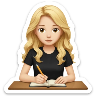 A beautiful blonde with long wavy hair in a black T-shirt sits and writes in a diary with a brown pen without table  sticker