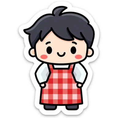 chubby boy with black hair styled upward in front, wearing a red and white checkered plaid apron sticker