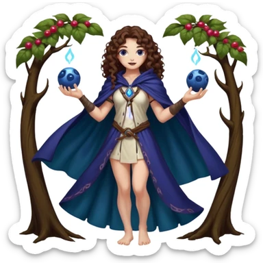 full body woman long curly brown hair brown eyes white skin tattoos muscular build blueberry forest mage cloak, glowing berry orbs floating sticker