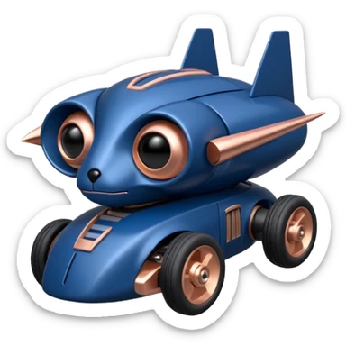 Real-proportional dark blue and rosegold-accented  racing car for furry-faced  evil alien scary robot teddy bear with rear spoiler (Star Wars style) sticker
