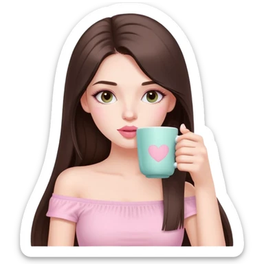 sexy pale girl, very full lips, long straight brunette hair, long lashes, pastel pink tube top, sipping tea  sticker
