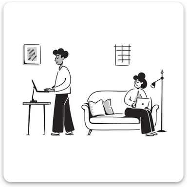 escenary 3d of a cozy mid-century living room with two people working on laptops, one man standing at a desk and one woman sitting on a couch, two walls and floor visible sticker