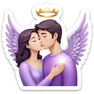 White brunette human man with rays of light Heart kissing pastel purple angel woman sticker