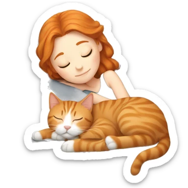 sleeping girl ginger hair laying next to gray tabby cat sticker