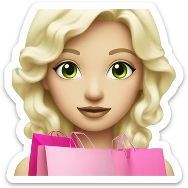 cute platinum blonde with green eyes wearing pink surrounded by pink shopping bags sticker