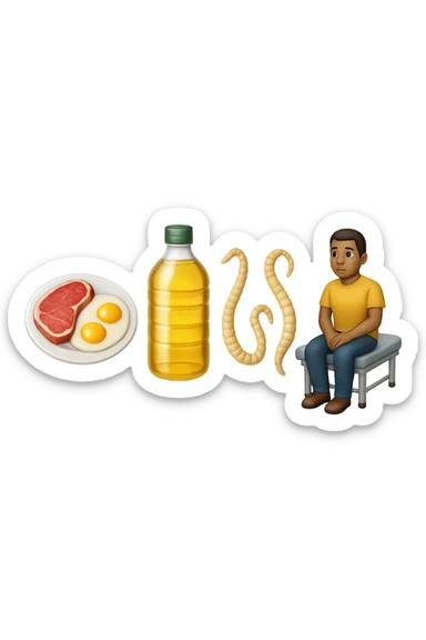 emoji stile iphone di UN PIATTO CON CARNE ROSSA E UOVA, UNA BOTTIGLIA DI OLIO DI SEMI, DUE PARASSITI TIPO LA TENIA, UOMO SEDUTO SU UN LETTINO DA FISIOTERAPISTA, IPERREALISTICO 4K sticker