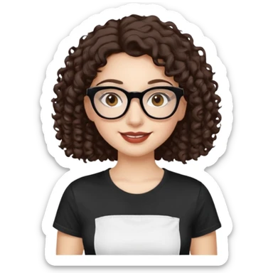 I want to describe me. I am a girl with brown hair amd curly hair. I have brown eyes and black glasses and long lashes with mascara. My lips are medium and my nose as well. I wear a white T-shirt. I am white skin with long curly hair sticker