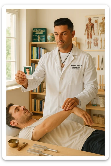 a middle-aged man, dressed in casual professional attire, is in a bright, organized therapy studio. Durante una visita di kinesiologia, il ragazzo tiene con una mano la foto di una persona lontana (il “testimone”) tiene la foto in mano, mentre con l’altra mano esegue un test muscolare su un cliente presente. Sullo sfondo si vedono libri di kinesiologia, poster anatomici e strumenti tipici della disciplina. L’atmosfera è concentrata e serena, con luce naturale che entra dalla finestra, sottolineando l’aspetto alternativo e umano della pratica. sticker