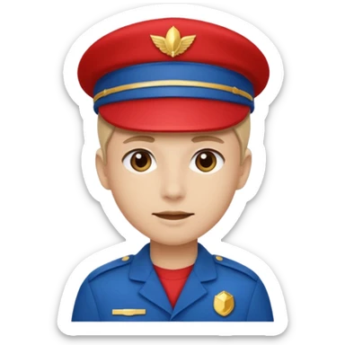 Vendeur comptoir habiller en rouge portant une casquette bleu sticker