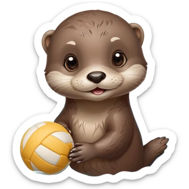 super cute baby otter with gentle expression and soft rounded eyebrows, floating on clearly visible blue water with waves, tiny baby otter with big sweet eyes holding a volleyball with both small paws above water sticker