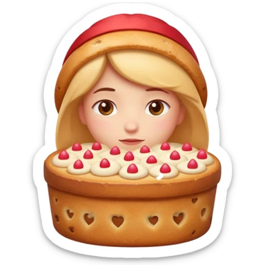 Apple-style emoji illustration of a cuteperson  with dreamy eyes thinking of a traditional panettone, small hearts floating around, soft 3D emoji style, smooth gradients, rounded shapes, warm festive colors, simple expression, centered composition, transparent background, no text. sticker