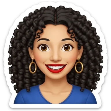 40 yr old peruvian woman, very curly long black hair, red lipstick, big smile, white teeth, brown eyes, hoop earings sticker