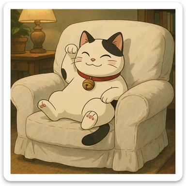 White and black Chinese lucky cat on a cozy white armchair  sticker