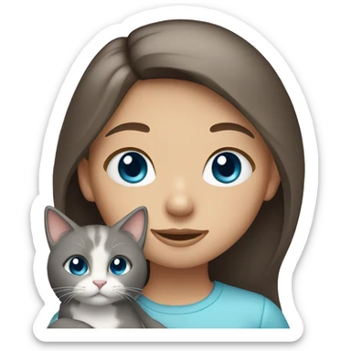 Girl with long brown hair and blue eyes holding a gray cat sticker