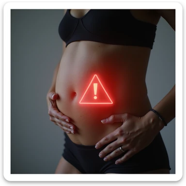 close-up of woman with PCOS, serious look, abdominal area highlighted by glowing halo and red warning icon, Italian text: 'Grasso sulla pancia? Campanello d’allarme metabolico', neutral background, 4K quality sticker